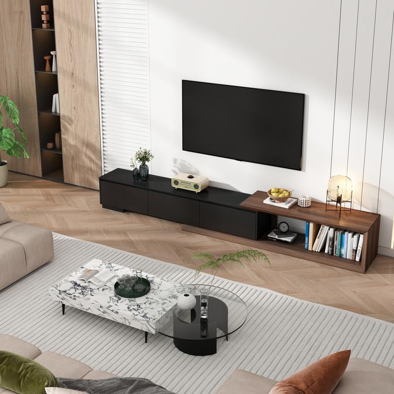 Extendable TV Stand with 3 Drawers, Modern Minimalist Entertainment Center, Reversible Long TV Media Console, Bevel Design, 82-107 Inch, Black & Walnut/White & Walnut Extendable TV Stand with 3 Drawers, Modern Minimalist Entertainment Center, Reversible Long TV Media Console, Bevel Design, 82-107 Inch, Black & Walnut/White & Walnut