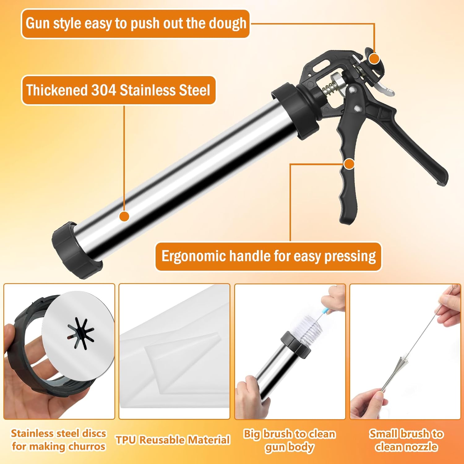 Churro Maker Machine,  Churro Maker Kits Including Stainless Steel Churro Maker, Piping Bag with Churro Piping Tip, 4 Nozzles, 2 Brushes, 3 Discs for Homemade Different Shape Churros, Cookie