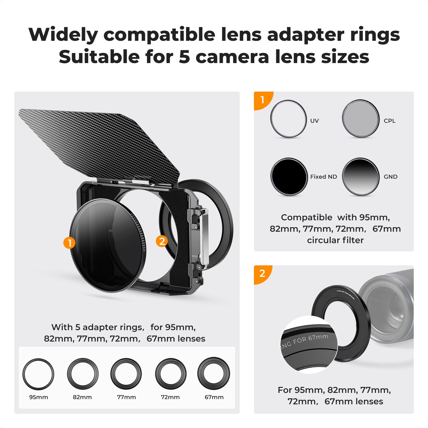 [K&F CONCEPT]Matte Box, DSLR Camera Matte Box with Carbon Fiber Top Flag, with 67/72/77/82/95mm Adapter Rings for 4x5.65 ND UV Filter/Circular Filter