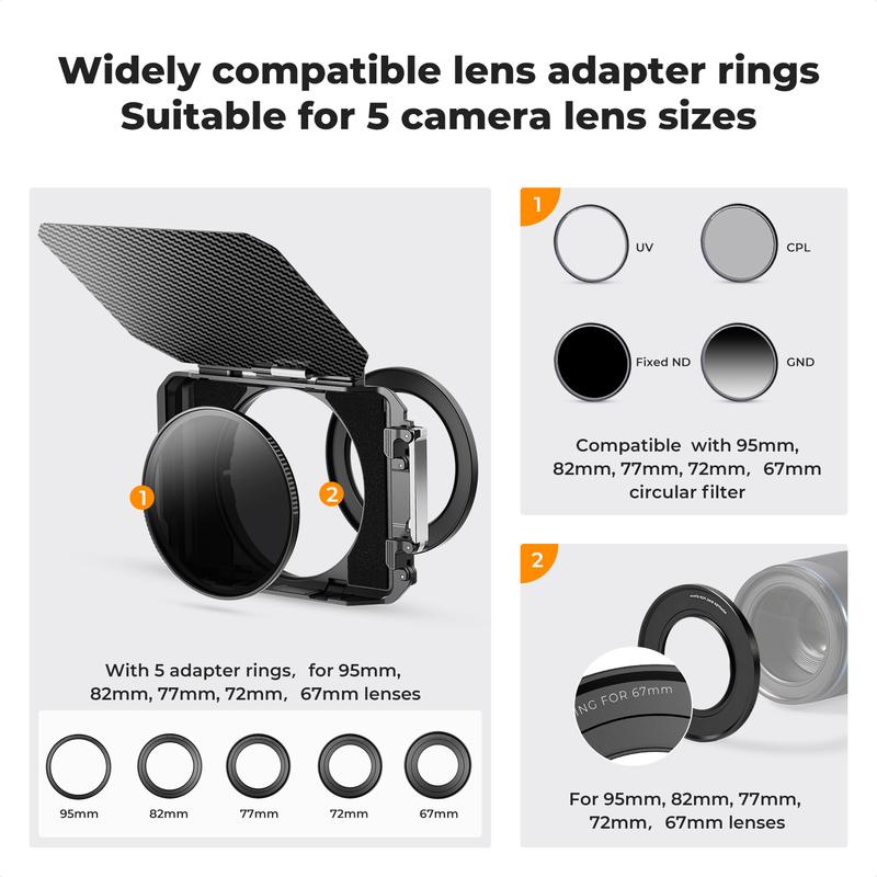 [K&F CONCEPT]Matte Box, DSLR Camera Matte Box with Carbon Fiber Top Flag, with 67/72/77/82/95mm Adapter Rings for 4x5.65 ND UV Filter/Circular Filter