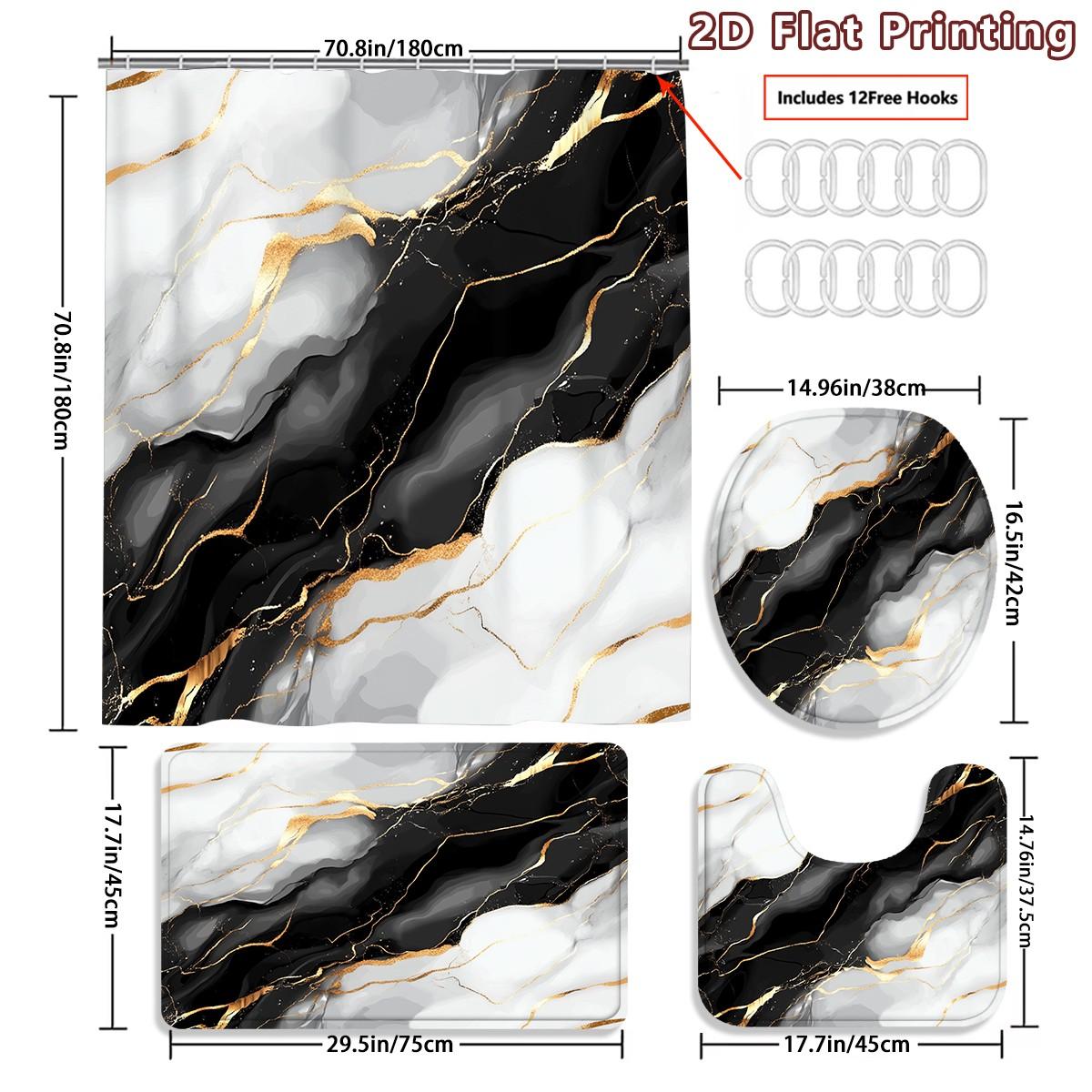 4PCS Marble Shower Curtain set, Black White and Gold Marble Bathroom Decor, Accessories with Bath Mat, U-shaped Mat, Toilet Lid Cover, 12 Hooks 180x180cm Curtain, Luxury Stone Aesthetic, Home Decor, bathroom accessories