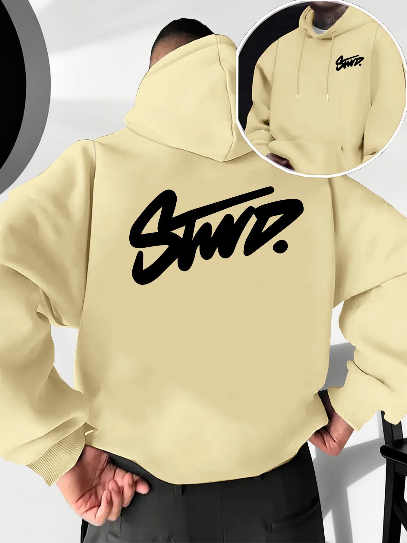 Men's Fall Winter Trendy Hoodie, Geometric Stwd Letter Print Front Back, Casual Fitted Hooded Sweatshirt, Street Style Men's Clothing