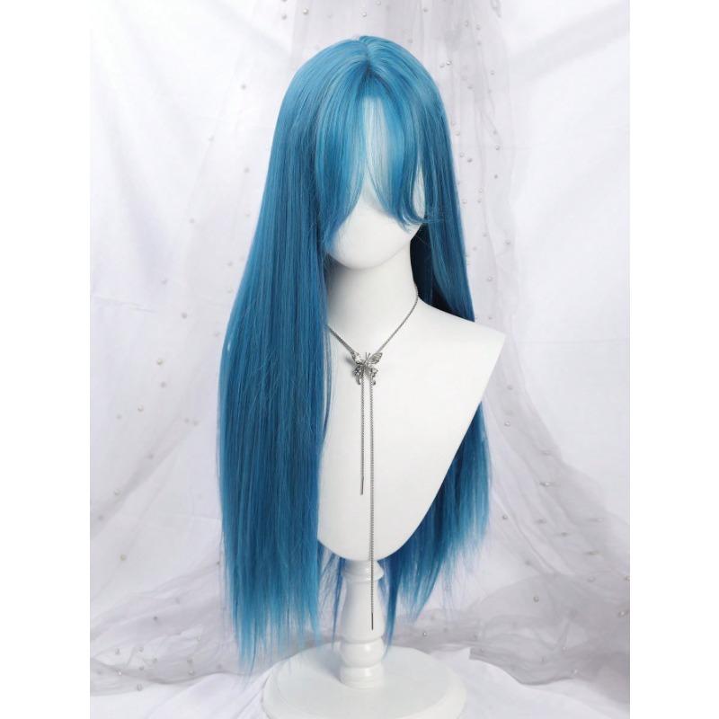 Women's Synthetic Hair Wig - 28-inch Straight Mint Blue, Middle Part Bangs, Natural Soft Texture, Colored Curly Synthetic Costume Wig for Cosplay, Daily Wear, Festival Party, Natural Style, Colored Curly Synthetic Costume Wigs
