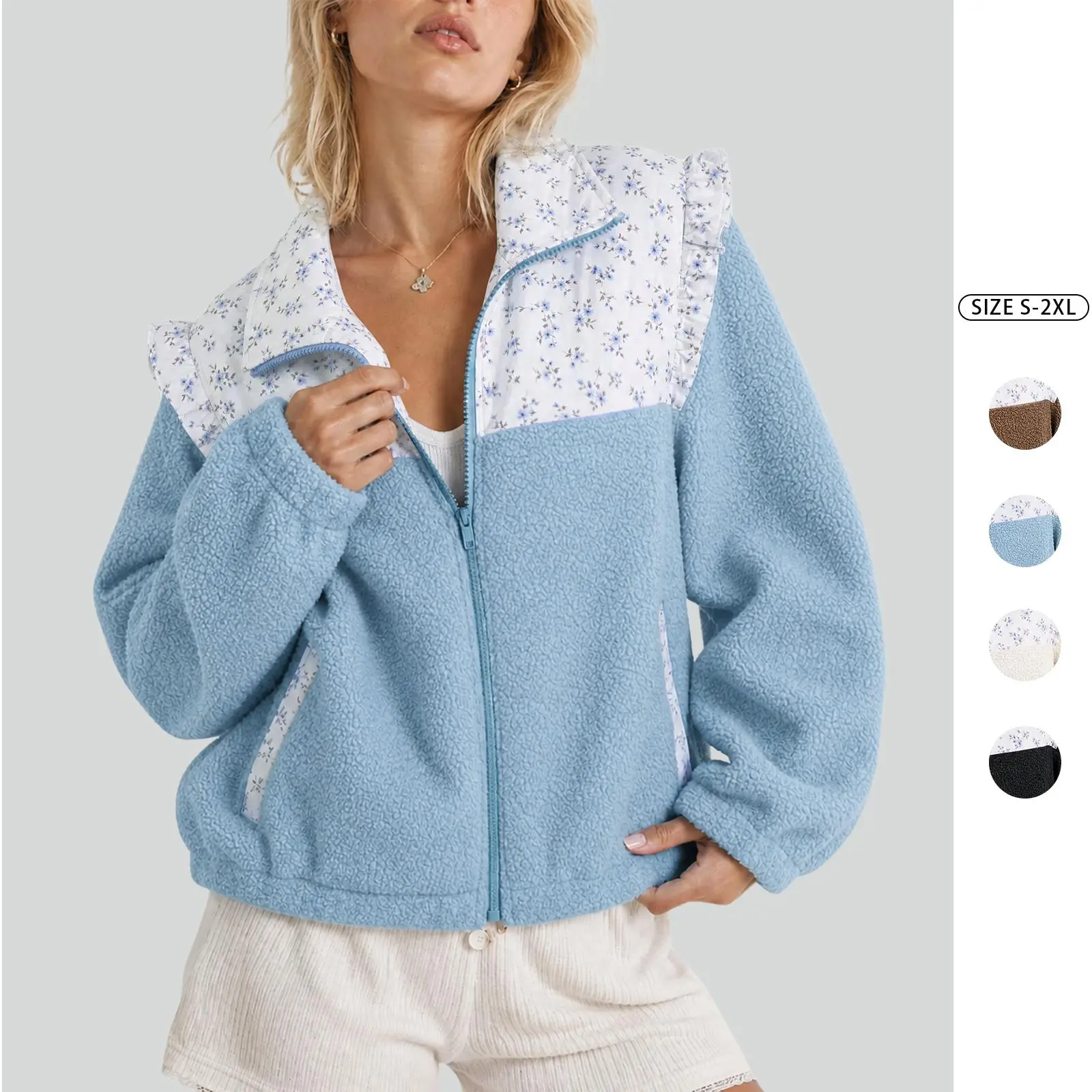 Imily Bela Women's Floral Patchwork Fleece Jacket Ruffle Shoulder Zipper Up Stand Collar Cozy Sherpa Coat with Pockets