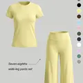 Women's Sporty 2-Piece Set Yoga Active Wear, Solid Color Short Sleeve Top + 7/8 Pants, Fitted Round Neck T-Shirt, High Waist Wide Leg, Yoga & All Seasons
