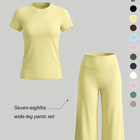 Women's Sporty 2-Piece Set Yoga Active Wear, Solid Color Short Sleeve Top + 7/8 Pants, Fitted Round Neck T-Shirt, High Waist Wide Leg, Yoga & All Seasons