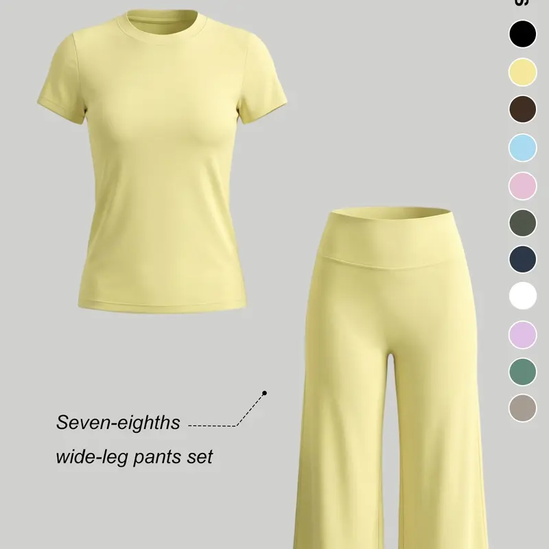 Women's Sporty 2-Piece Set Yoga Active Wear, Solid Color Short Sleeve Top + 7/8 Pants, Fitted Round Neck T-Shirt, High Waist Wide Leg, Yoga & All Seasons