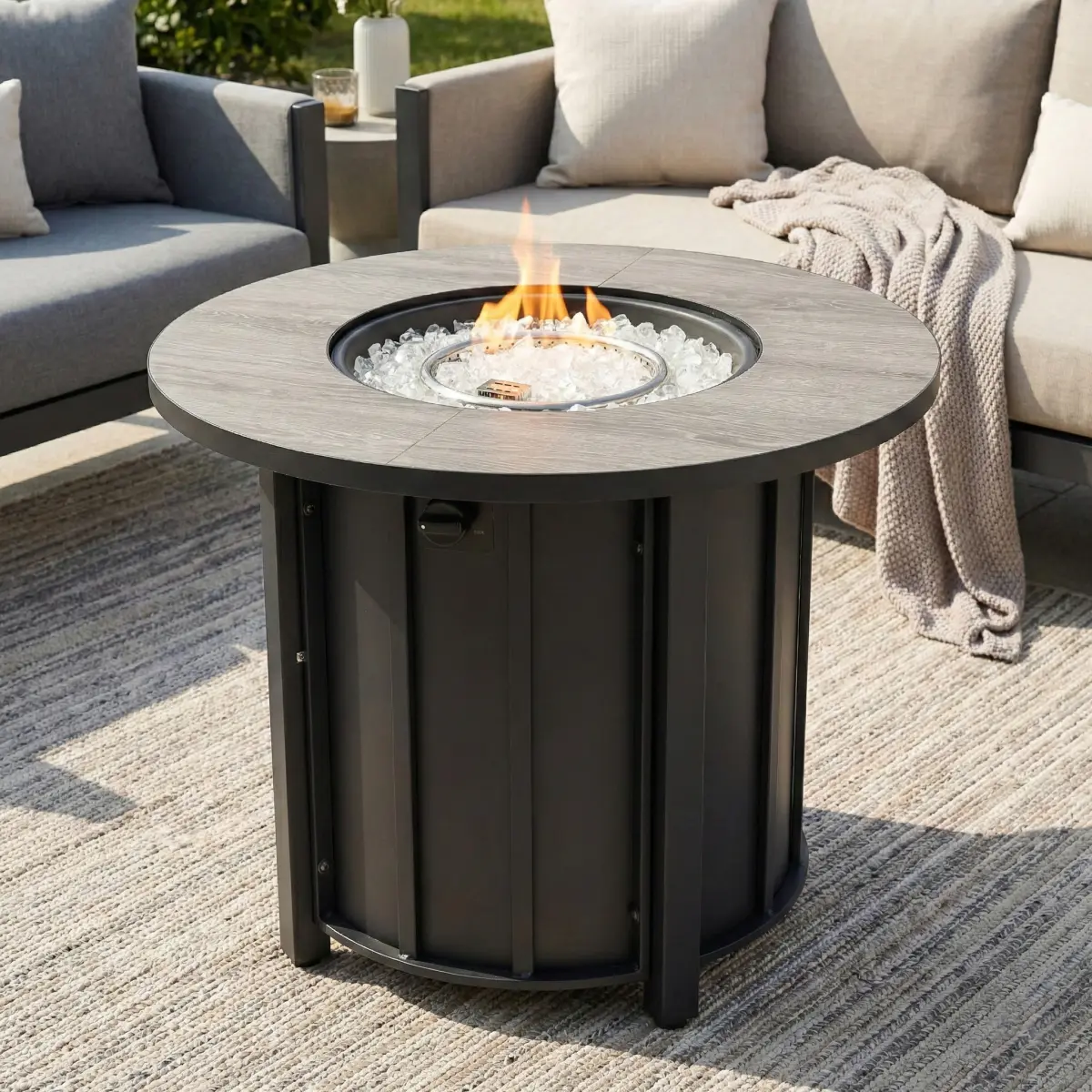 30" Propane Gas Fire Pit Table, 50000 BTU Round Steel Fire Pit with Wood Grain Ceramic Tabletop for Outside Patio Deck Garden Backyard- Black
