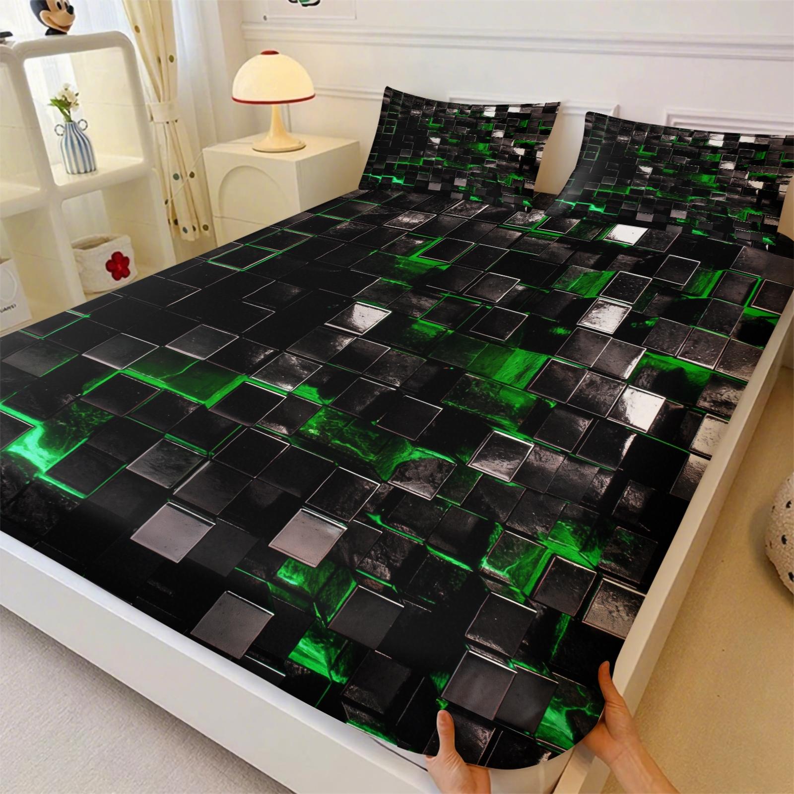 Deep Sea Neon Cube 3D Visual Fitted Sheet Set & 2 Pillowcases No Core, Blue Metallic or Glass Reflective Textures Square Matrix Blocks Design, Soft Wrinkle-Resistant, Futuristic Bedroom Decor, Gift Choice