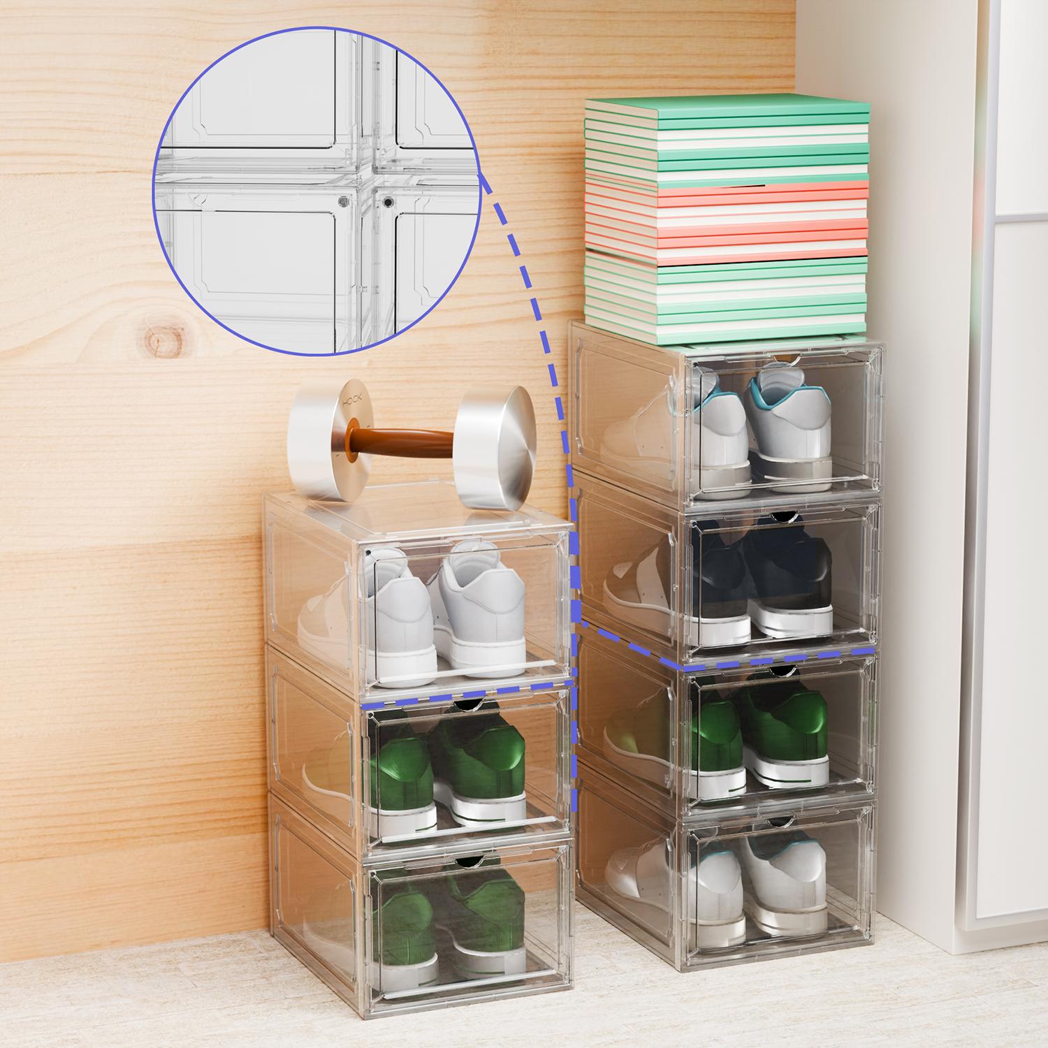 6 Pack Clear Magnetic Stackable Shoe Organizer With Magnetic suction door,   Space Saving Storage Organizer For Entryway, Bedroom, Home, Dorm, Etc