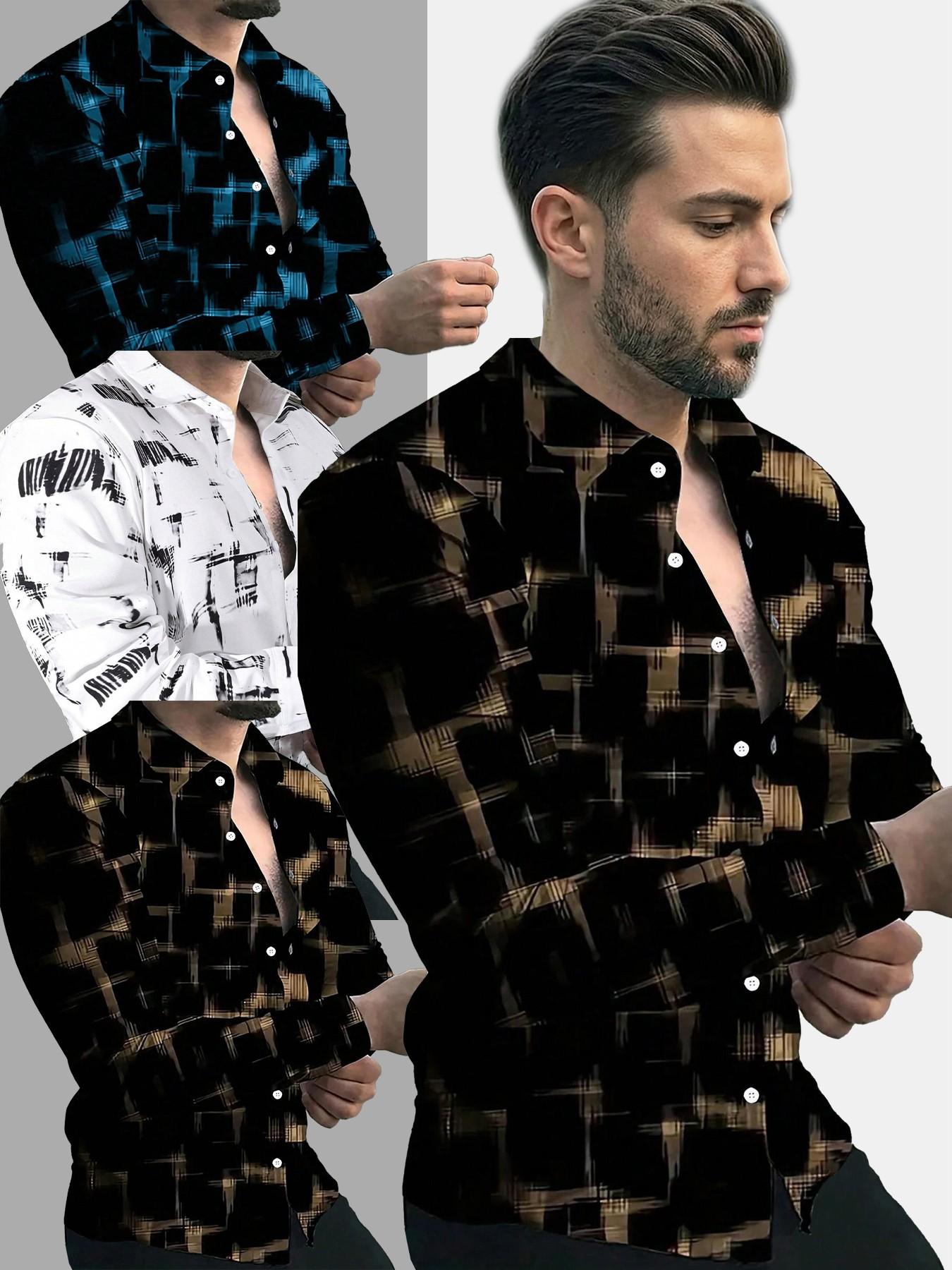 Men's All Over Print Button Front Shirt, Casual Regular Fit Long Sleeve Collared Top for Daily Wear, Fashion Men's Clothes for All Seasons