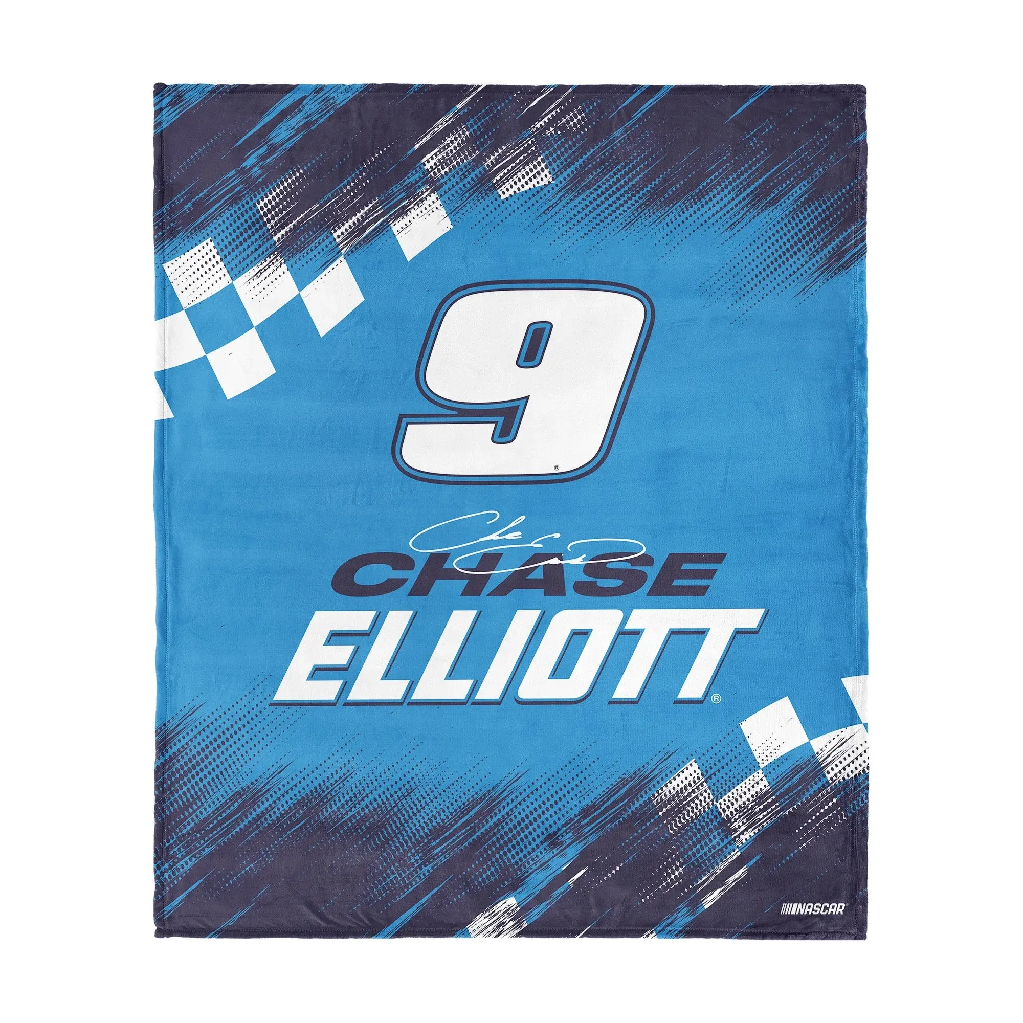 NASCAR Chase Elliott#9 Racing Flannel Throw Blanket Bright Blue Finish Line Checkered Flag Signature Design Soft Plush Couch Bedroom Motorsport Fan Gift