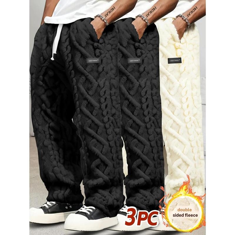 Men's 3PC Winter Warm Thickened Fleece Stripped Straight-Leg Trousers - Drawstring Waist Loose-Fit Menswear Clothes for Daily & Outdoor Sports