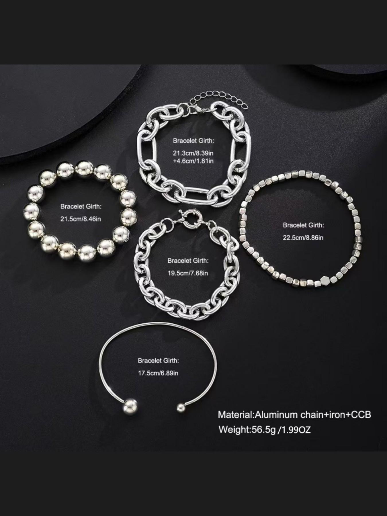 5pcs Vintage Exaggerated Minimalist Old Coin Design Bracelet Set, Chunky Chain & Bead, Ideal for Date, Vacation, Party, Holiday Gift for Women