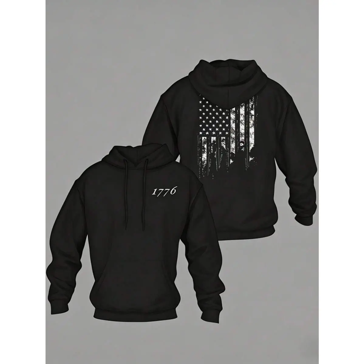 Men's 1776 American Flag Hoodie, Patriotic Pattern Black Pullover, Casual Street Style Sweatshirt, Cotton Hoodie