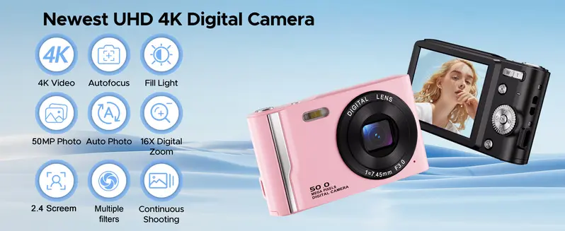 Product Introduction of Digital Camera Autofocus 50MP Vlogging Camera with 32GBSD Card 16x Digital Zoom Compact Camera, 2.8-inch Screen, Fill-in Light, Anti-Shake 2