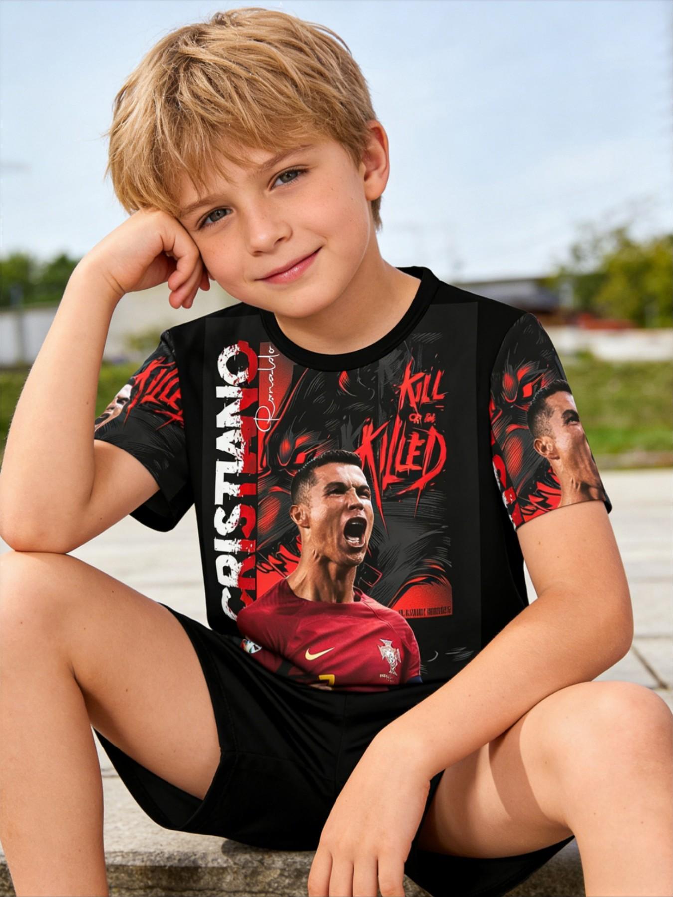 Boys' Colorblock Set, Cristiano Ronaldo 7 Celebration, Casual Summer, Full Print Design, Party & Sports Wear