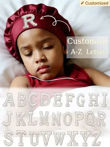 1PC Burgundy Satin Bonnet with Custom A-Z Letters, Big Kids Elastic Wide Band Sleeping Cap, Preteen Anti-Frizz Night Wrap Hat, Bedroom Bath Nighttime Hair Care Headwear for Boys Girls 8-13Y