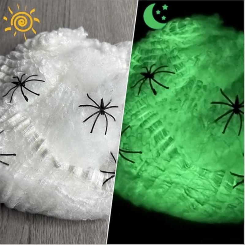 Glow-In-The-Dark Spider Webs with 10 Fake Spiders, Super Elastic Polyester Halloween Decor, Reusable Nighttime Glow Effect, No Power Needed