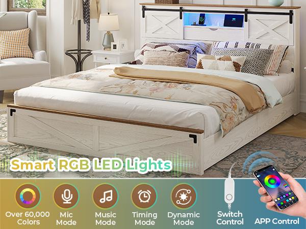 Hasuit Farmhouse Bed Frame California King Size with Storage Bookcase Headboard, Wooden Cal King Bed with LED Lights, Charging Station, 2 Drawers, Country Rustic Bed Frame with Sliding Barn Door