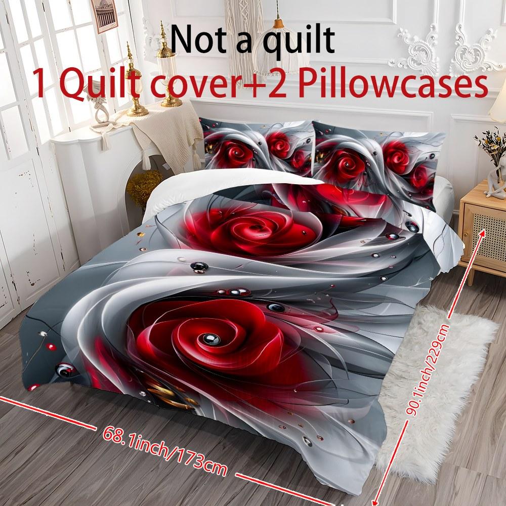 Three-piece bedding set - 2pcs/3pcs 2D Flat silver, white, and red rose abstract pattern duvet cover set (1 duvet cover + 1/2 pillowcases, no insert), multi-color printed bedding set, soft and comfortable, suitable for family bedrooms and guest rooms.