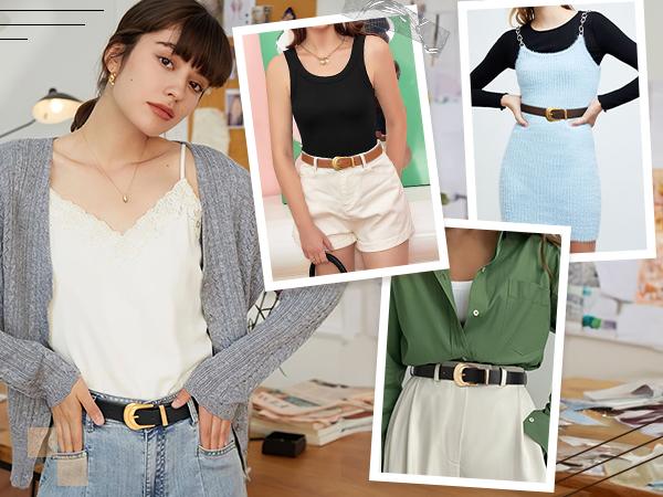 JASGOOD Women's Western Belt Vintage Black Leather Waist Belt with Gold Buckle for Pants Jeans