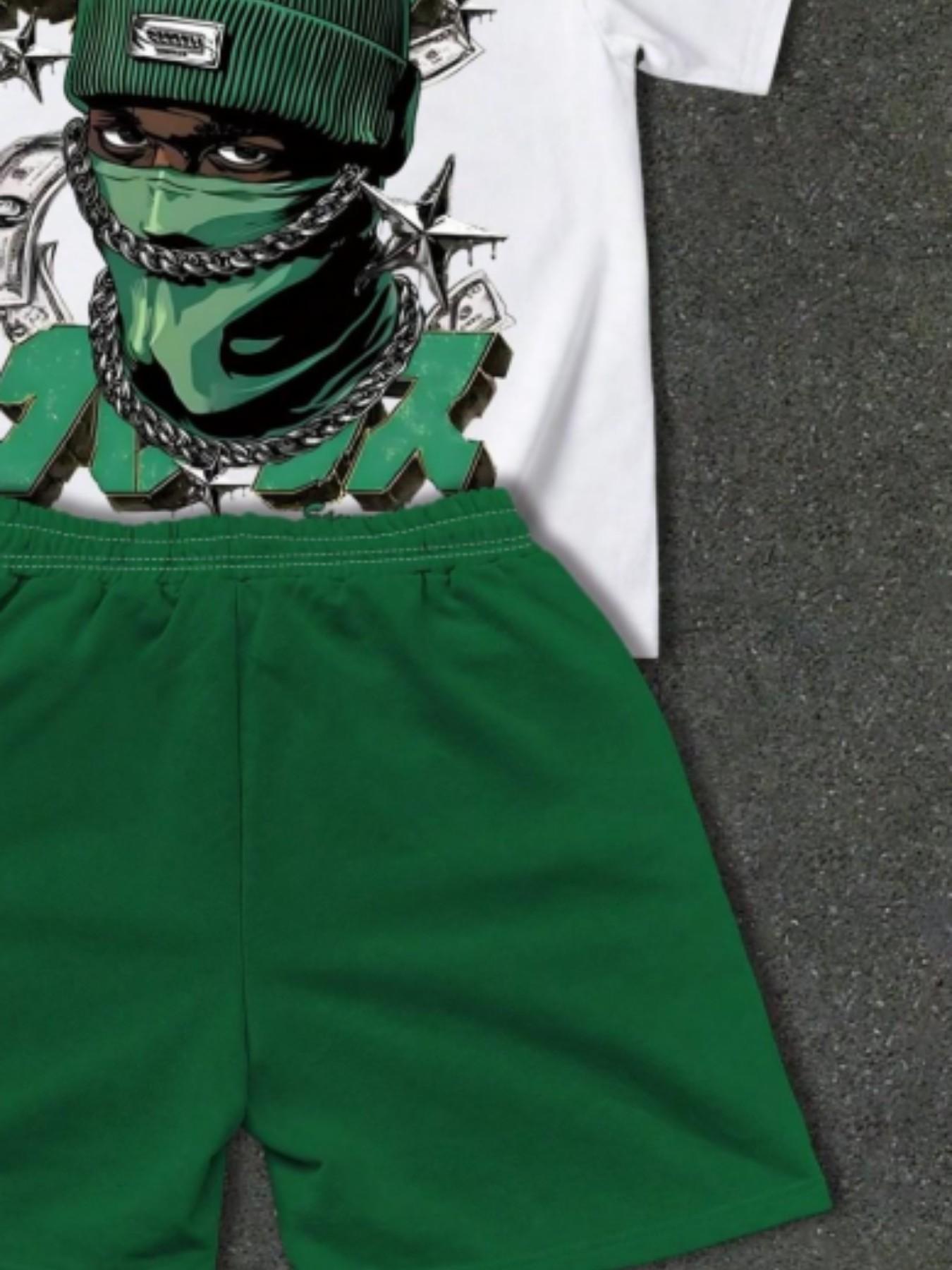 Men's Two-Piece Hip-Hop Set Outfit, Printed Short Sleeve + Drawstring Shorts, 5 Styles Summer Casual Sports, Loose-Fitting, All over Print