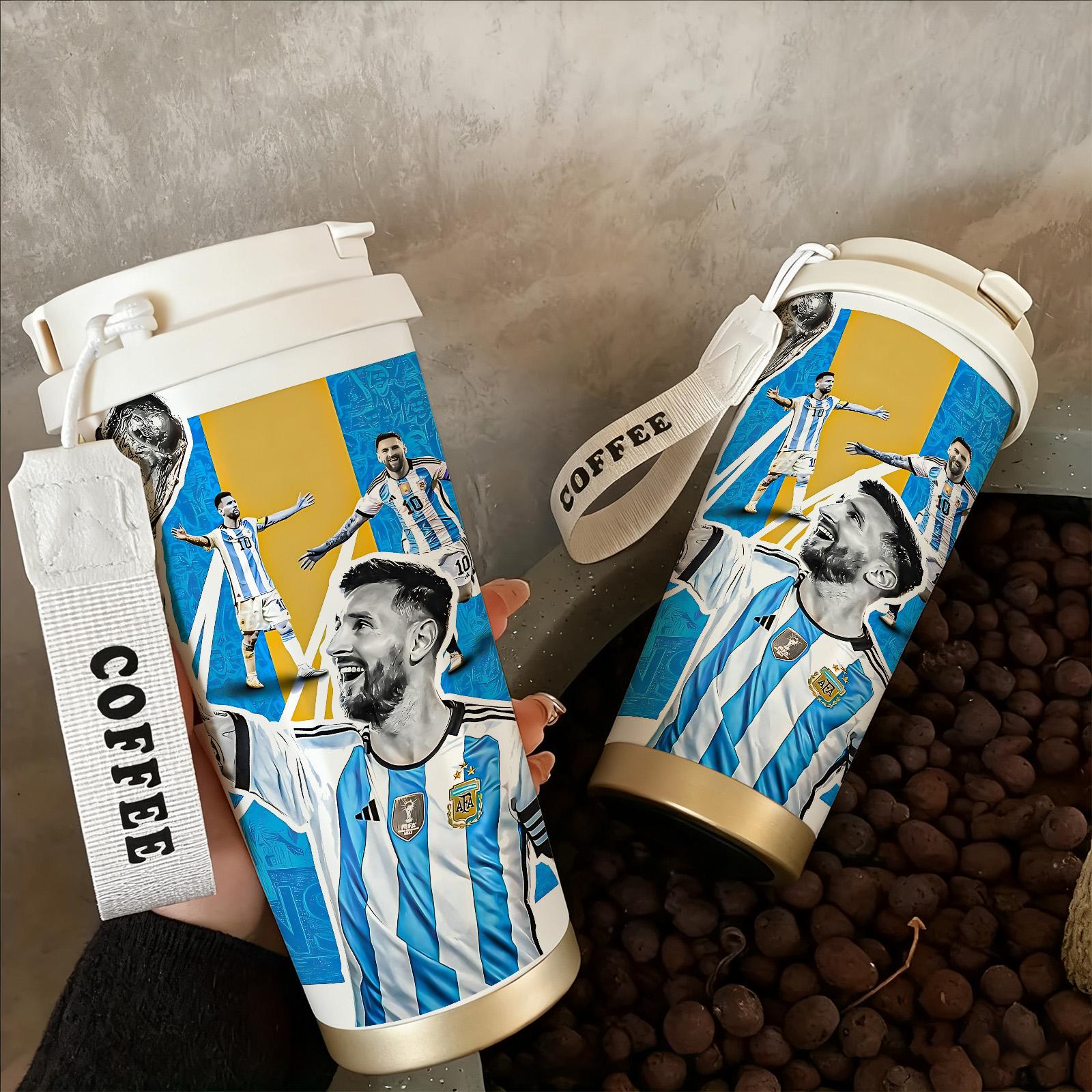 1 Pc insulated mug Messi Argentina champion vacuum cup, double wall stainless steel leak-proof travel coffee tumbler for hot cold drinks, keeps warm 12 h/cold 24 h, 18oz soccer fan thermal mug for women and men, world football lover holiday birthday gift