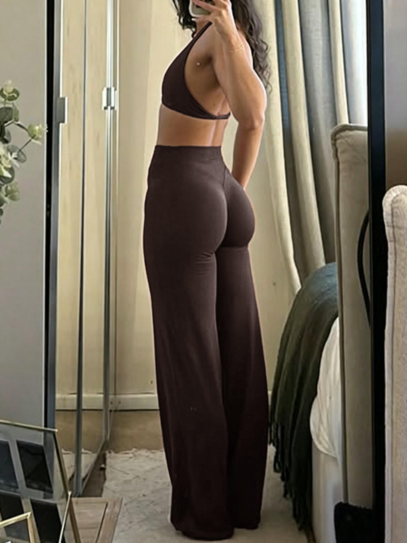Nude Seamless Fitness Set, Halter Back Gathered Tank Top, High Waist Tummy Control Wide Leg Pants, Casual Sportswear Two-Piece Set