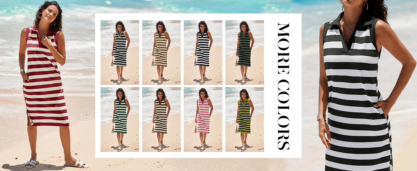 Wenrine Women's Striped Summer Dress Casual Polo V Neck Sleeveless Slit Loose Fit T Shirt Midi Dresses