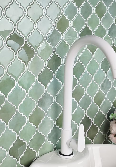 Backsplash Tile Peel and Stick, Self-Adhesive Sage Green Decorative Wall Tiles for Kitchen, Modern Glossy Slatted Design Backsplash Tiles for Kitchen, Bathroom, RVs (11.43x9 inch)