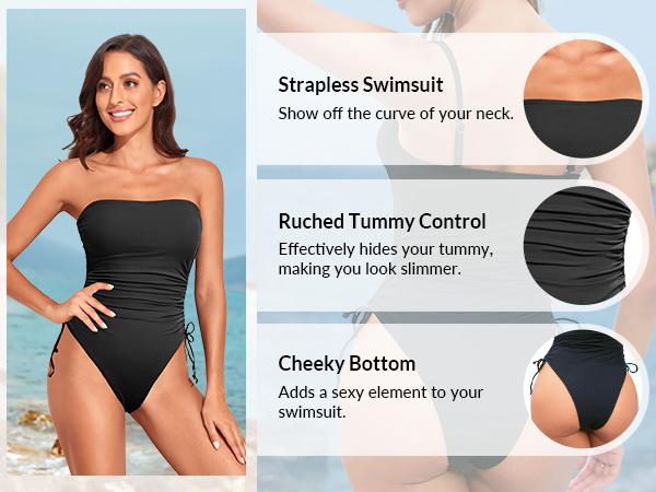 Yonique Women Strapless Tummy Control One Piece Swimsuit Bandeau Bathing Suit Cheeky Swimwear