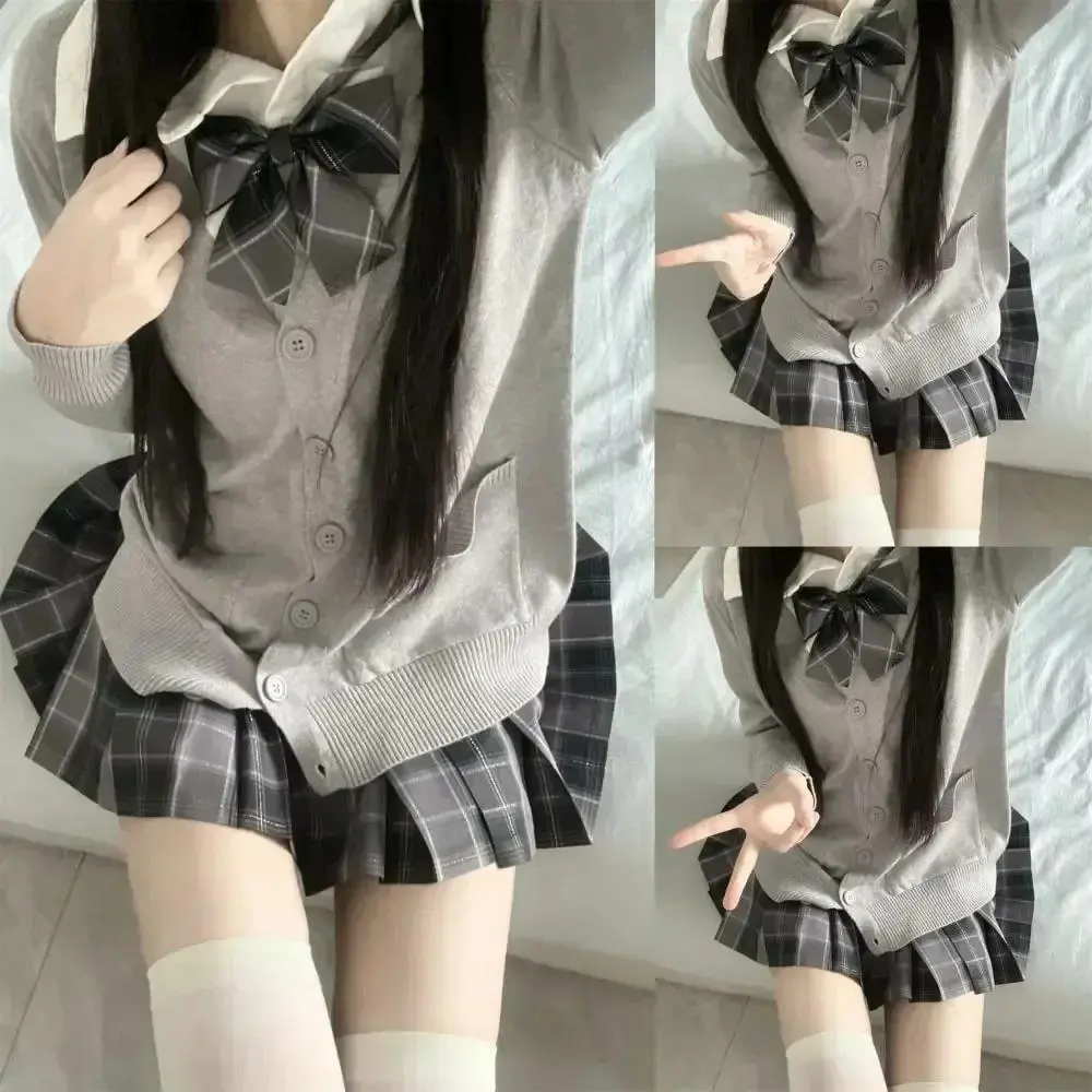 3Pc Set Japanese Korean School Uniforms Multicolor Sweater&Plaid Pleat Skirt with Bow Jk Uniform Suit Graduation Costumes Women