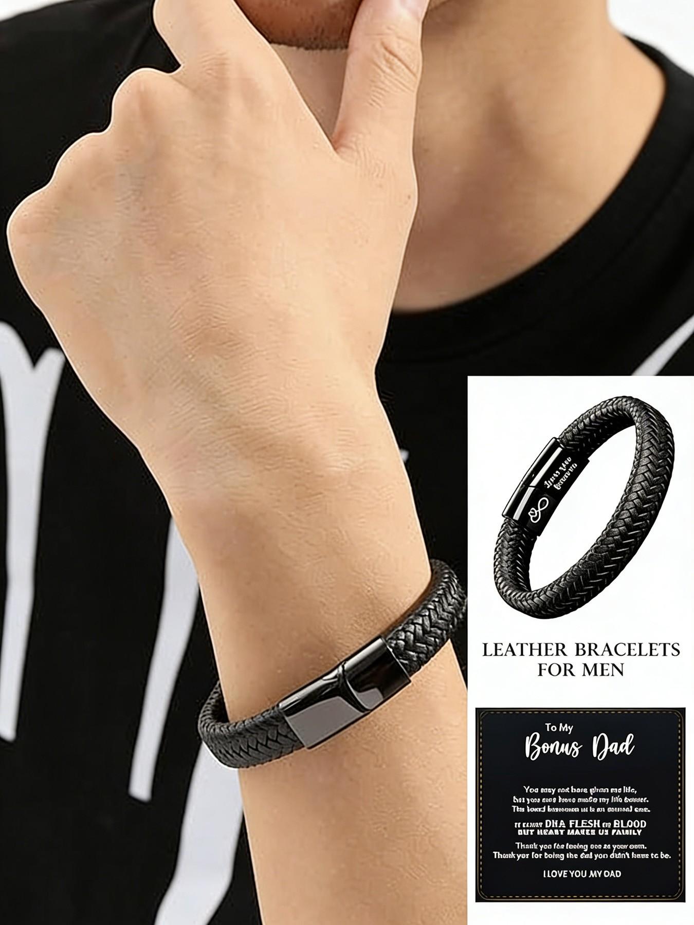 6-Piece Leather Bracelets for Men, Stackable Retro Bangles with Stainless Steel Clasp, Perfect Family Gift Set with Sentimental Cards