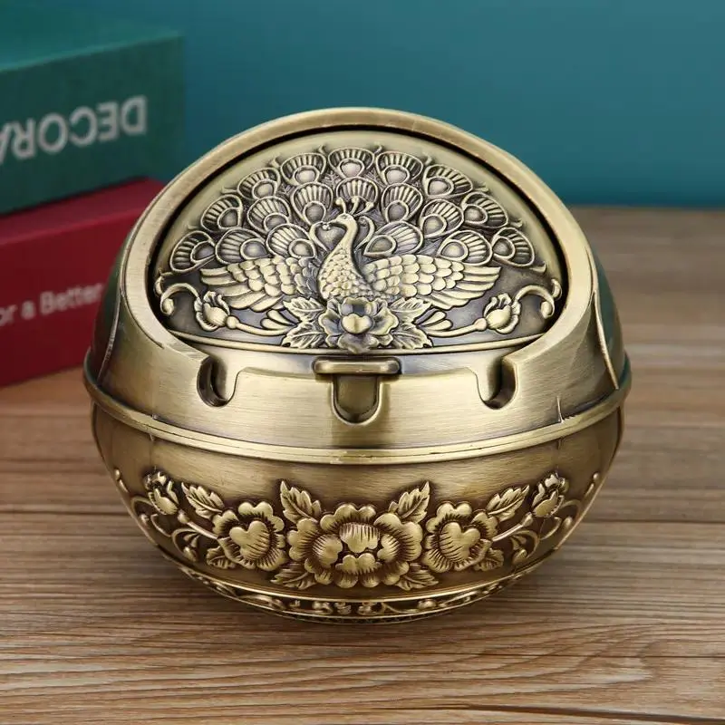 Vintage Peacock Pocket Ashtray with Lid, Portable Metal Ashtray, Durable Aluminum Alloy Cigarette Butt Holder, Compact Smokers' Accessory for Travel, Home, Patio & Outdoor Use sohochic
