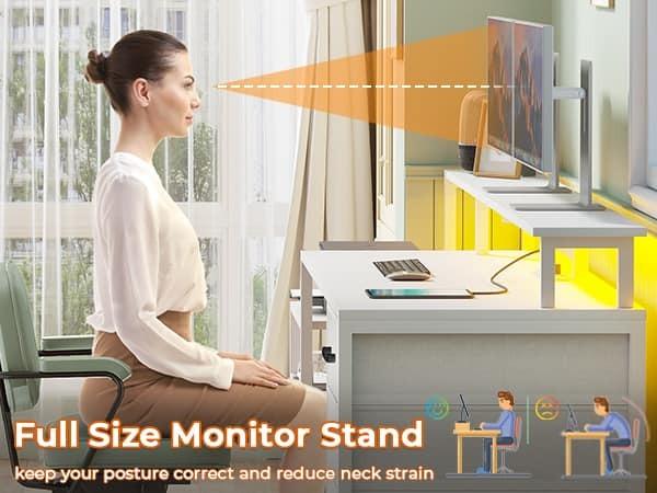 Sikaic 66 Inches LED Gaming Desk With File Drawer Power Outlet Printer Cabinet And Monitor Shelf Furniture Table Storage Office FathersDayGift Adjustable Ergonomic Chair