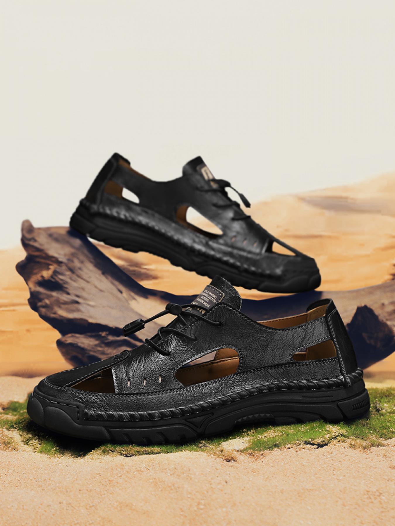 Men's Solid Color Hand-Stitched Closed-Toe Sandals Drawstring Soft Sole Water Shoes Breathable Slip-On Outdoor Beach Shoes