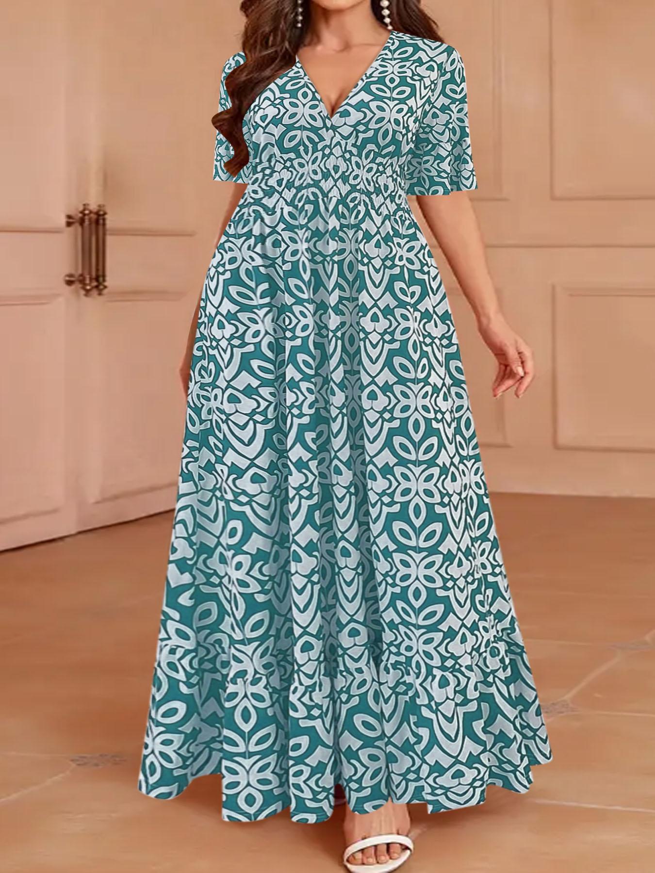 Plus Size Vintage Totem Print Dress, Half Sleeve Design, Curvy Slimming Vacation Dress