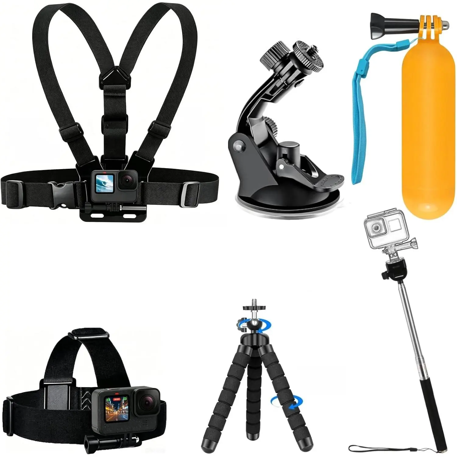 6 in 1 Accessories Kit for Action Camera, Chest Mount Harness Strap,  Strap Mount, Suction Cup, Selfie Stick, Floating Handle Grip, Flexible Octopus Tripod, Fit for Recording VLOG/POV