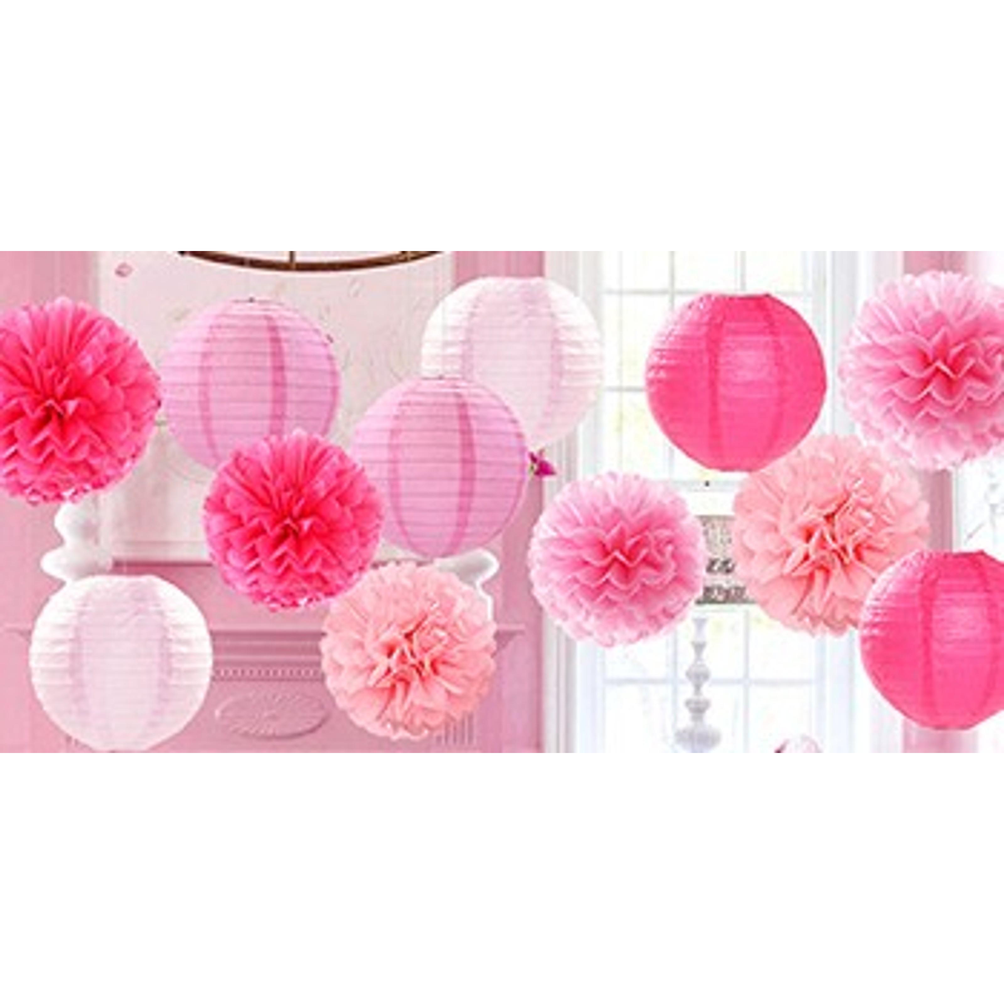 15-Piece Light Hot Pink Party Decor Kit - Paper Flowers, Lanterns, Tissue Pom Poms, Streamers, Photo Backdrop Prop Pack for Girl Birthday, Graduation Hanging Supplies, Colorful