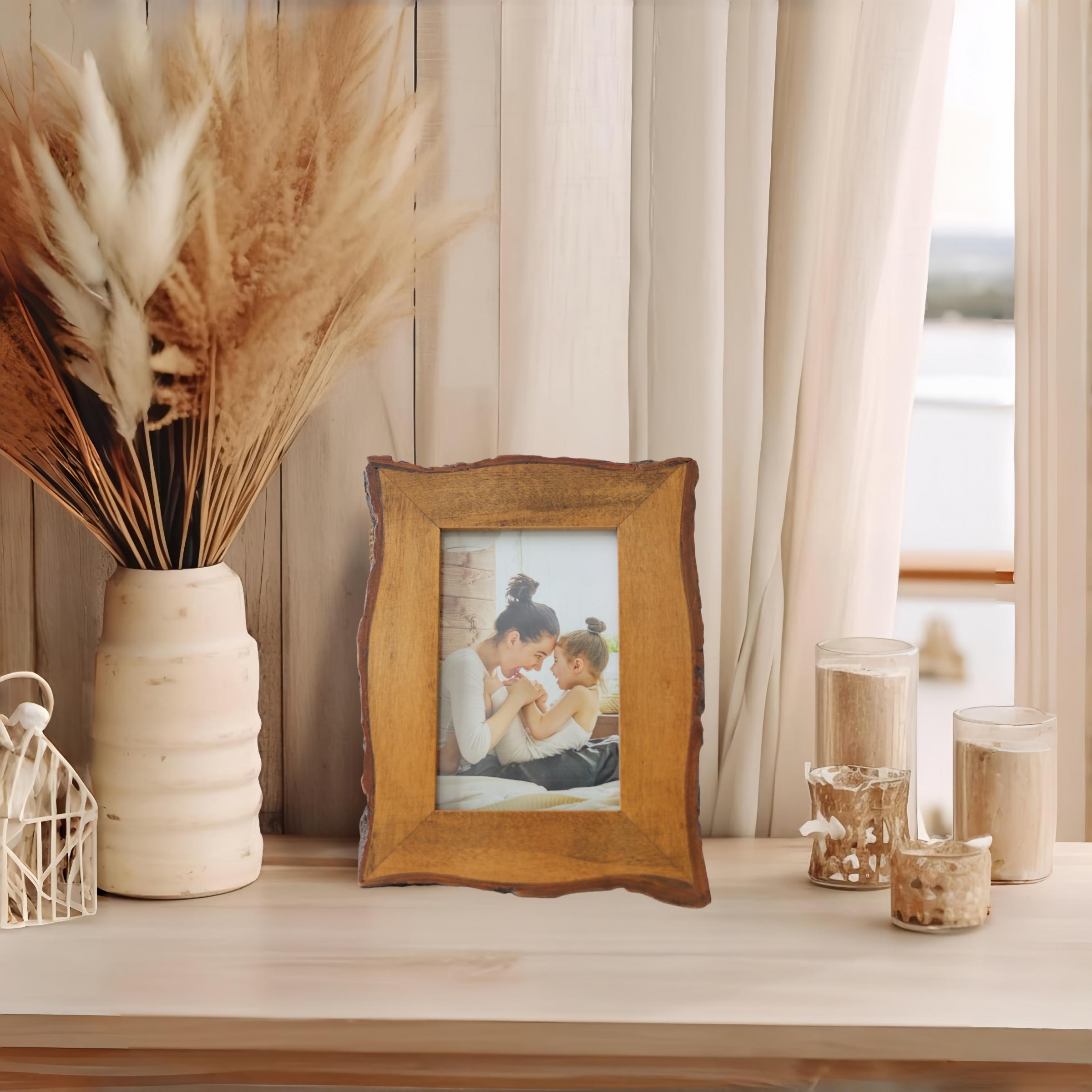 1 Pack 4x6 Live Edge Picture Frame Rustic Brown, Solid Picture Frame with Bark Edges & High Definition Glass Front, Vertical/Horizontal Tabletop or Wall Display, Natural Brown, Living room and bedroom photo wall matching, for Christmas Home Decor