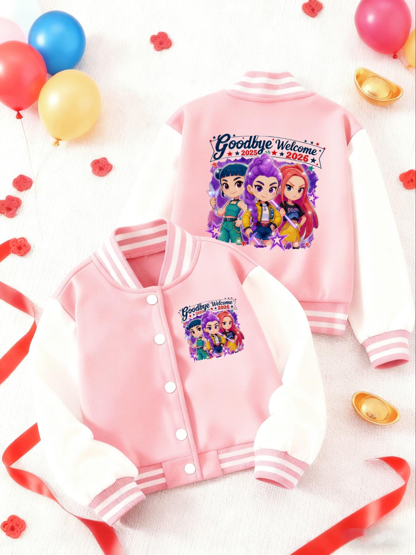 KPOP – The Huntress Girl Group  Girls' Short Baseball Coat, Cartoon Pattern Design, Elastic Fabric, Casual Sports School Uniform, Fall & Winter Outerwear, Casual Cute Outerwear