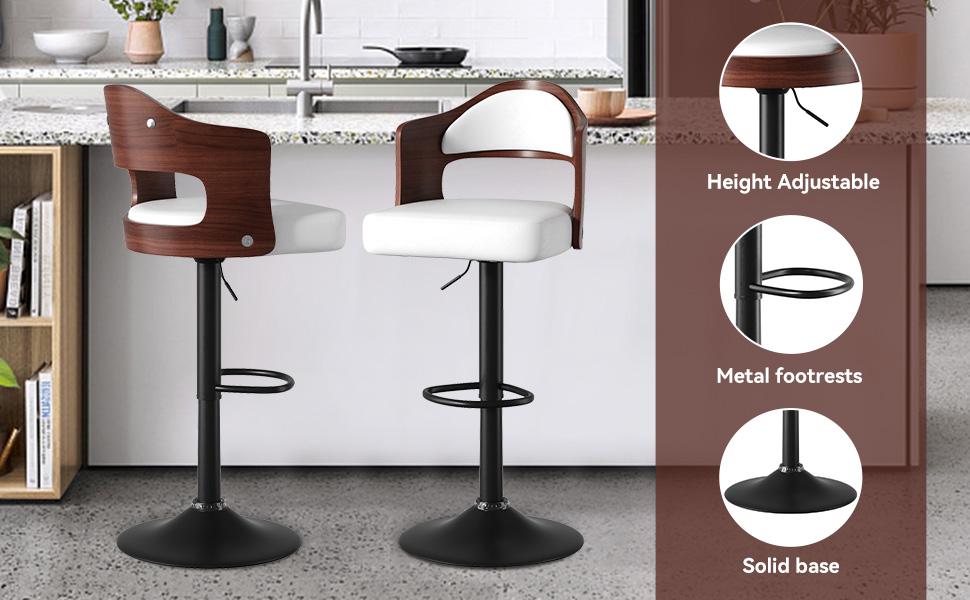 Swivel Bar Stools Set of 2 Seat Adjustable Height 24.5-33.5IN, Wooden Barstools PU Leather Upholstered Bar Chairs with Back & Footrest for Bar Kitchen Dining Room