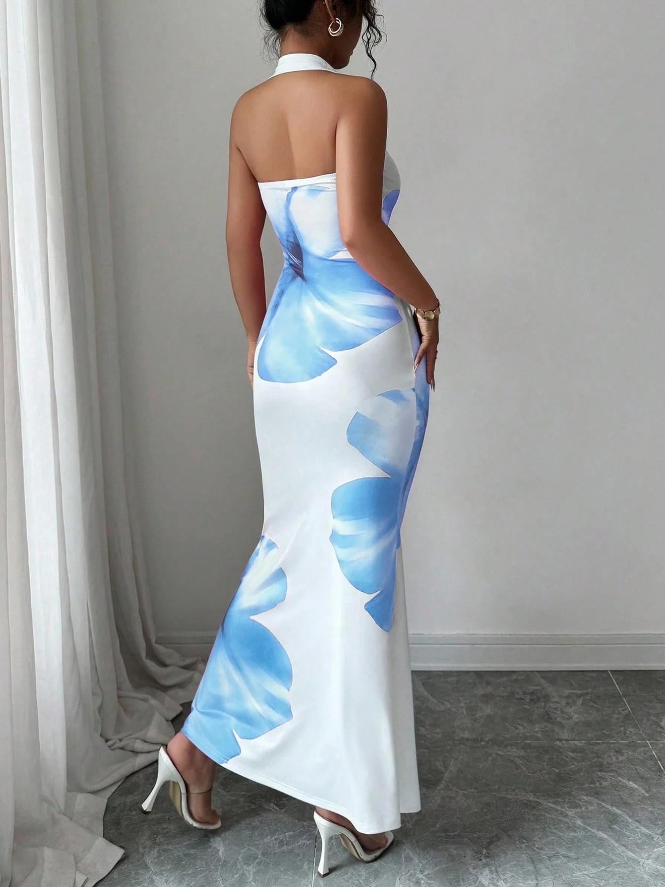 Women's Printed Halter Neck Sleeveless Slim Fit Dress, Bodycon Party Gown, Elegant and Stylish Design, Perfect for Formal Special Occasions, High-Quality Material, Dresses For Party