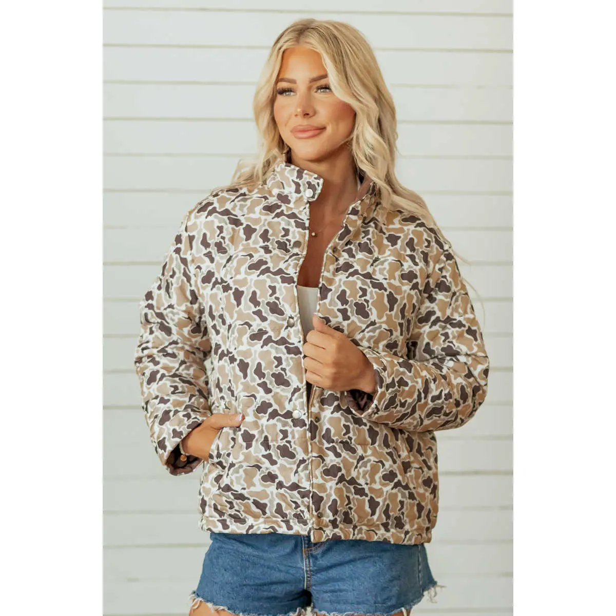 BF Women's Collared Quilted Camouflage Puffer Jacket - Longsleeves 100% Polyester Outerwear, Fitted Casual Winter Warm Layer with Metal Buttons
