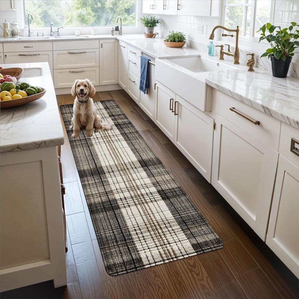 1PC， Spring Brown and White Plaid Fabric Patterned strip rugs, home décor, bathroom mats, entryway mats, bathroom non-slip mats, indoor entrance rugs, bedroom bedside mats, kitchen mats, hallway rugs, flannel sponge rugs, hallway runner rugs