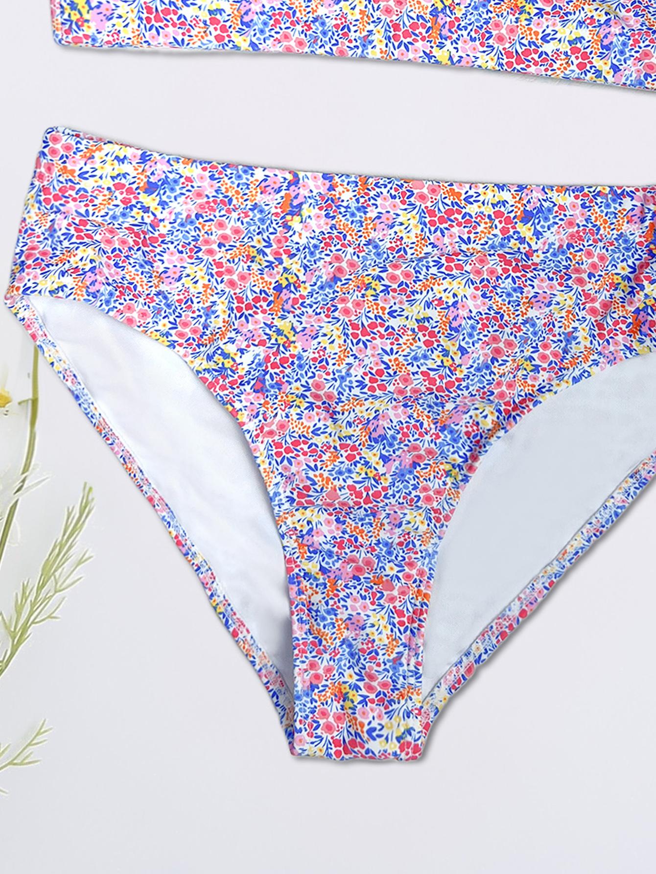 Women's Sexy Ditsy Floral Bikini Set, U Neck Thin Straps Low Waist Two-Piece Swimsuit, Summer Beach Vacation Swimwear