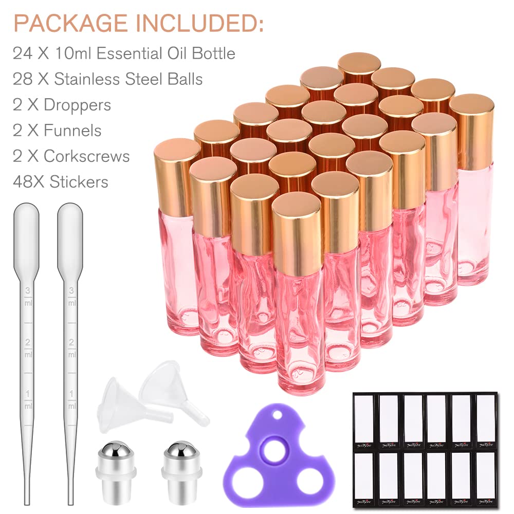 10 ml Rose Glass Roller Bottles for Essential Oils (with Extra Roller Balls, Labels, Opener, Funnels Essential Oil Roller Bottles for body oil perfume