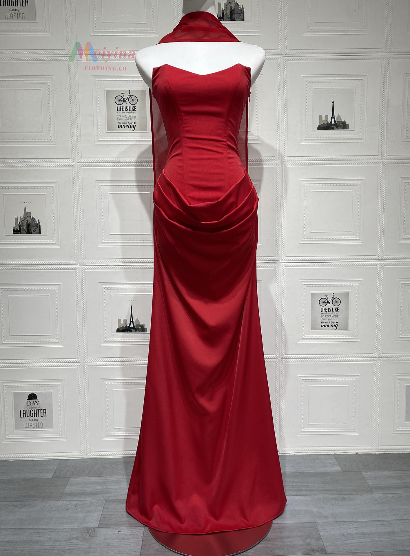 2026 European and American new style solid color waist-cinching sexy strapless bodycon long dress satin tie-back dress with ribbons