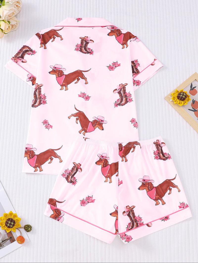 Women's All Over Dachshund Print Shirt & Elastic Waist Shorts Pyjama Two-piece Set, Casual Comfy Short Sleeve Collared Top & Shorts PJ Set, Ladies Sleepwear for All Seasons, Loungewear, Sleep Pajamas Shorts